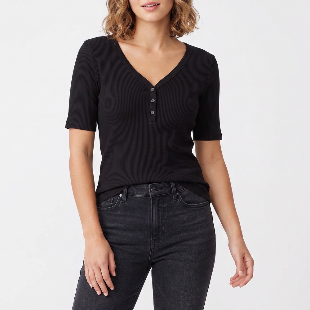 Banana Republic Top Womens L Henley Black Ribbed Short Sleeve Excellent